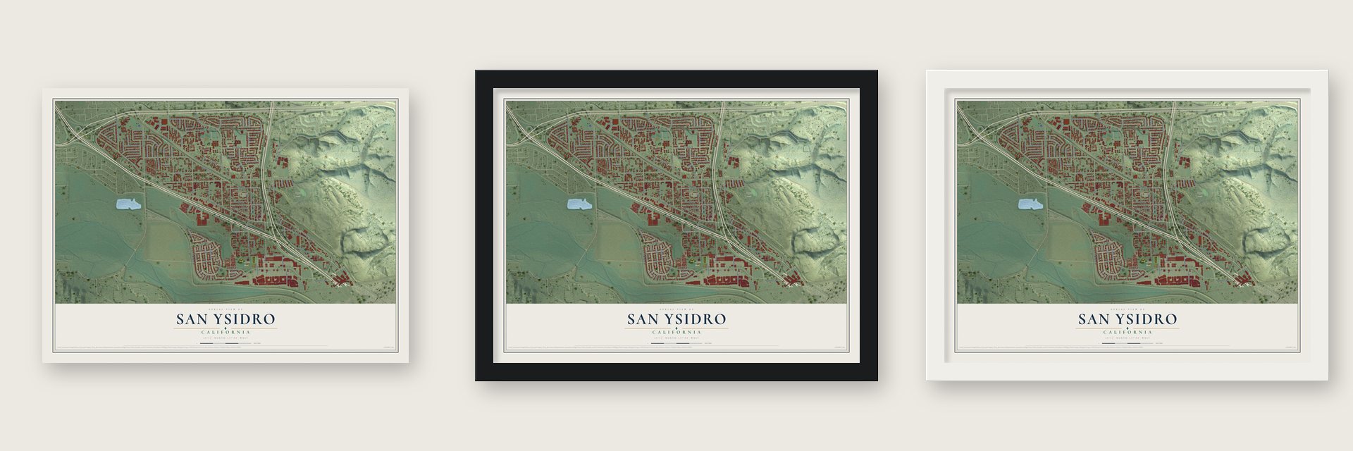 San Ysidro, California map unframed, in a black wood frame and in a white wood frame