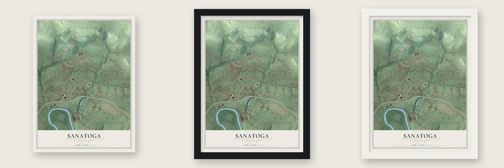 Sanatoga, Pennsylvania map unframed, in a black wood frame and in a white wood frame