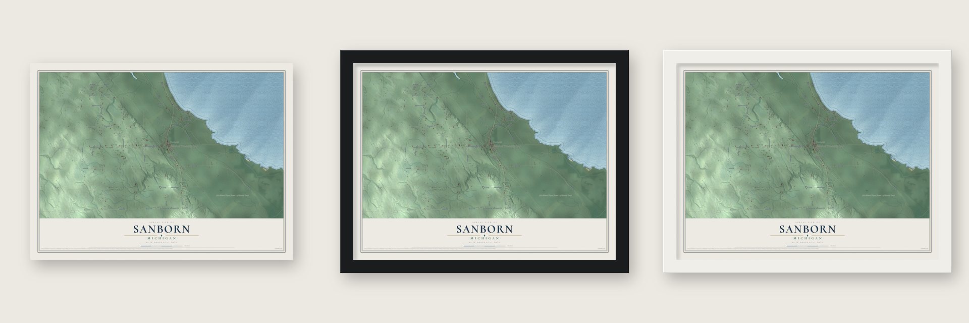 Sanborn, Michigan map unframed, in a black wood frame and in a white wood frame