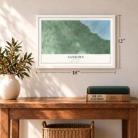Sanborn, Michigan map, 12 x 18 inch print in a white frame in an entryway