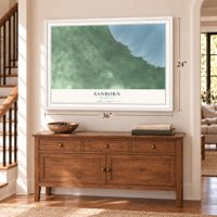 Sanborn, Michigan map, 24 x 36 inch print in a white frame above a dresser by a staircase
