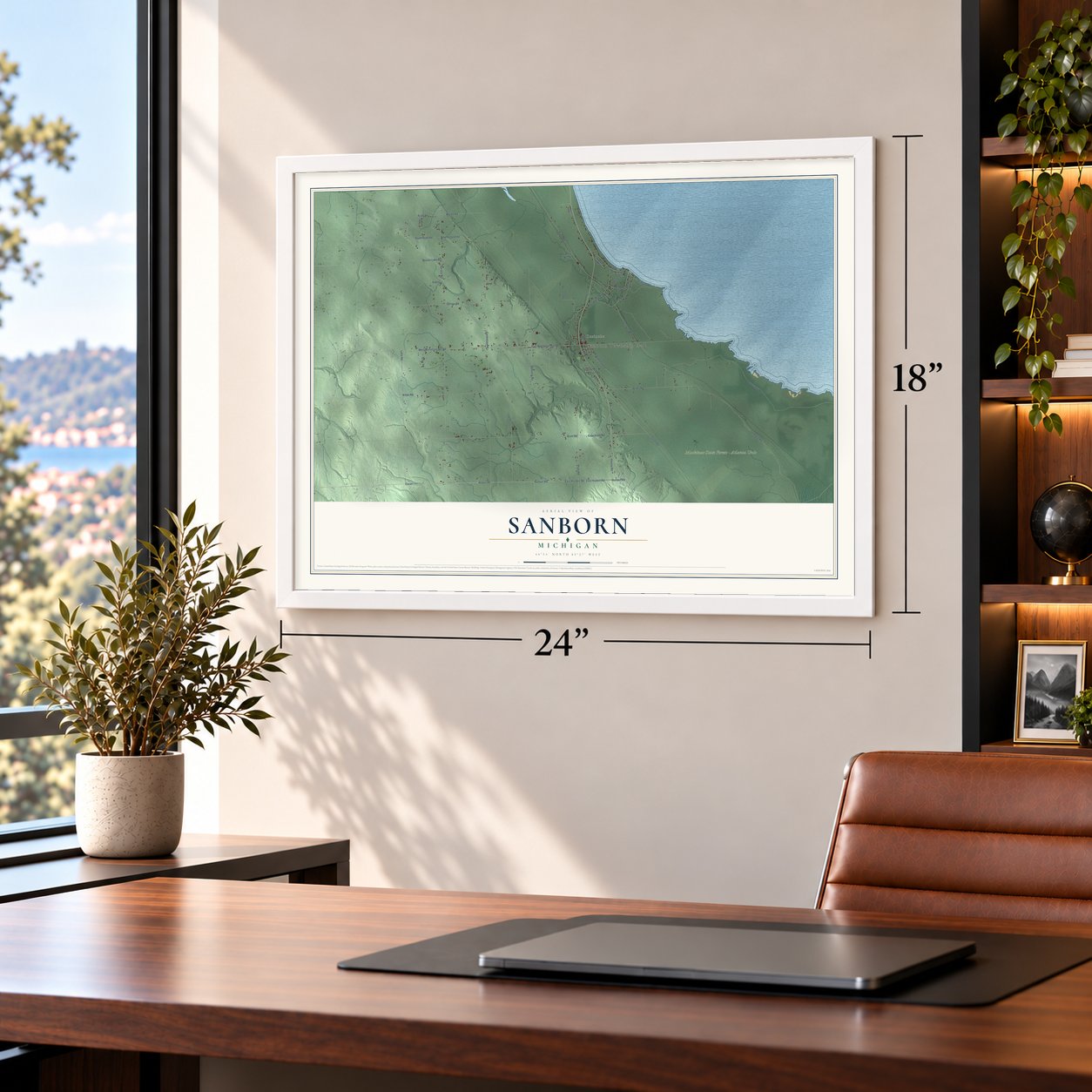 Sanborn, Michigan map, 18 x 24 inch print in a white frame in a home office