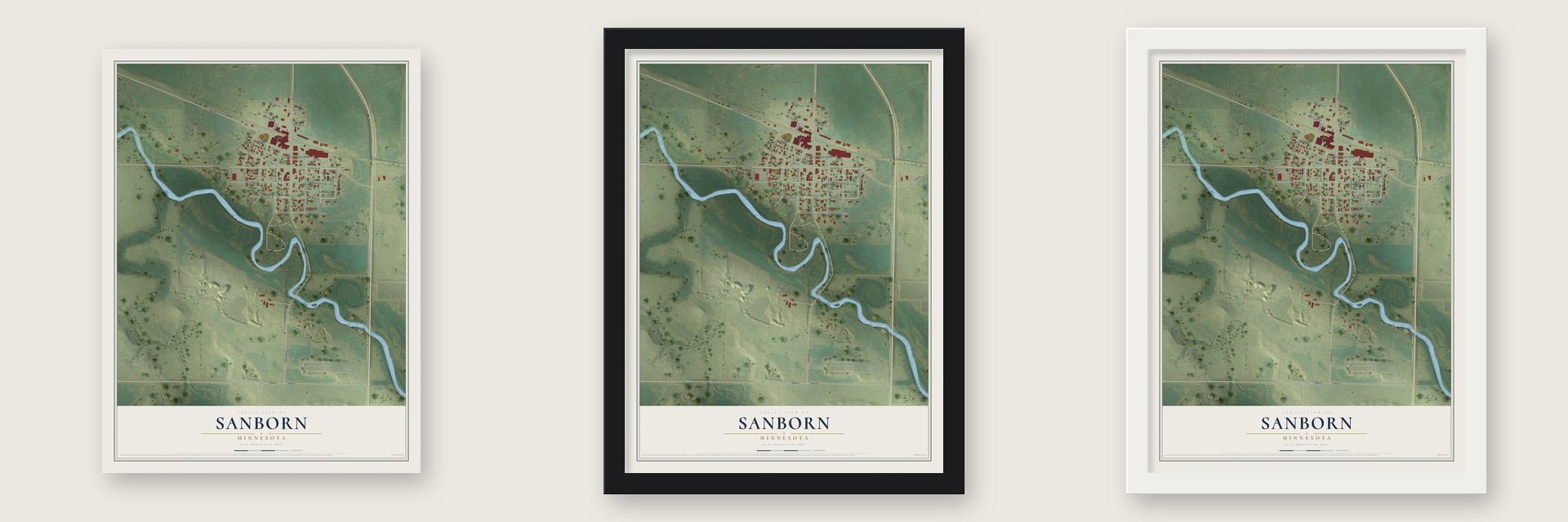 Sanborn, Minnesota map unframed, in a black wood frame and in a white wood frame