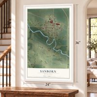 Sanborn, Minnesota map, 24 x 36 inch print in a white frame by a staircase
