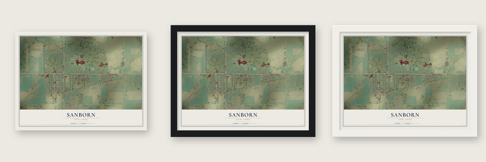 Sanborn, New York map unframed, in a black wood frame and in a white wood frame