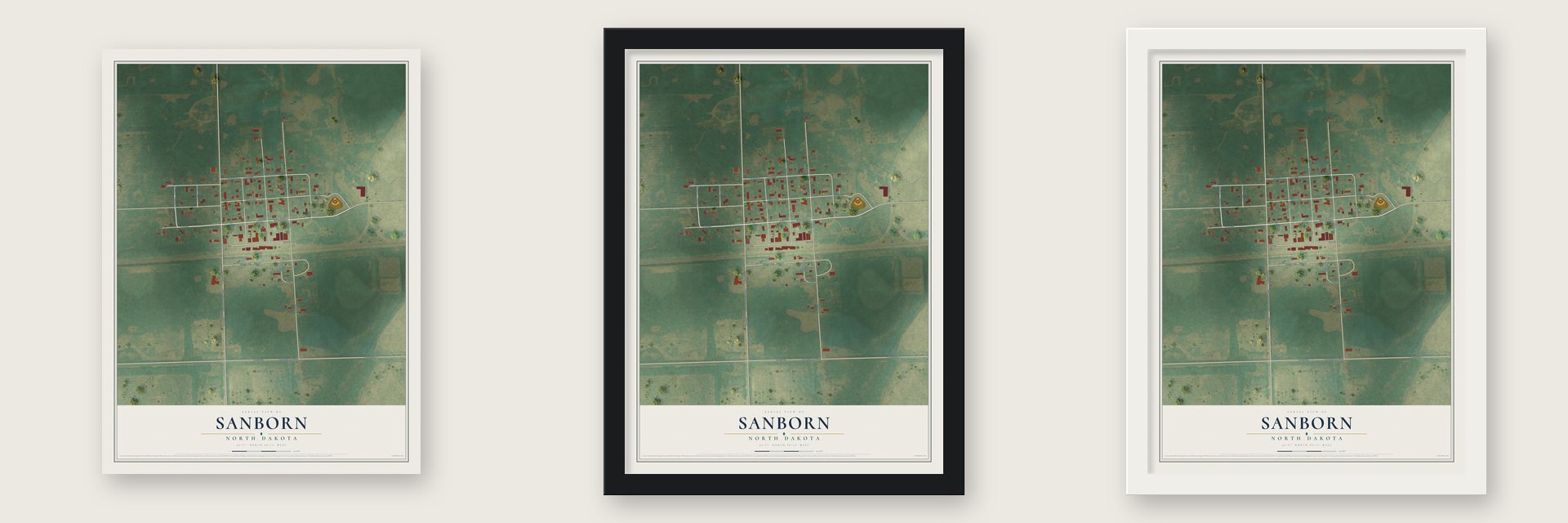 Sanborn, North Dakota map unframed, in a black wood frame and in a white wood frame