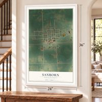 Sanborn, North Dakota map, 24 x 36 inch print in a white frame by a staircase