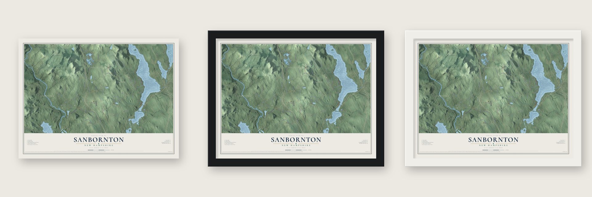 Sanbornton, New Hampshire map unframed, in a black wood frame and in a white wood frame