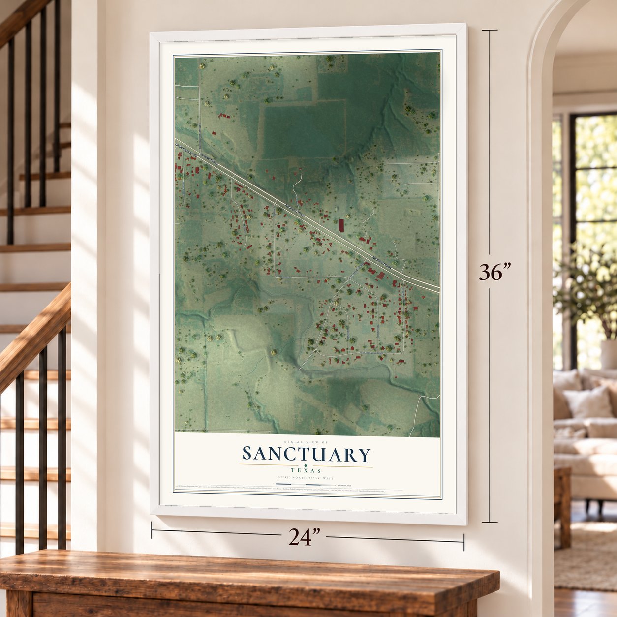 Sanctuary, Texas map, 24 x 36 inch print in a white frame by a staircase
