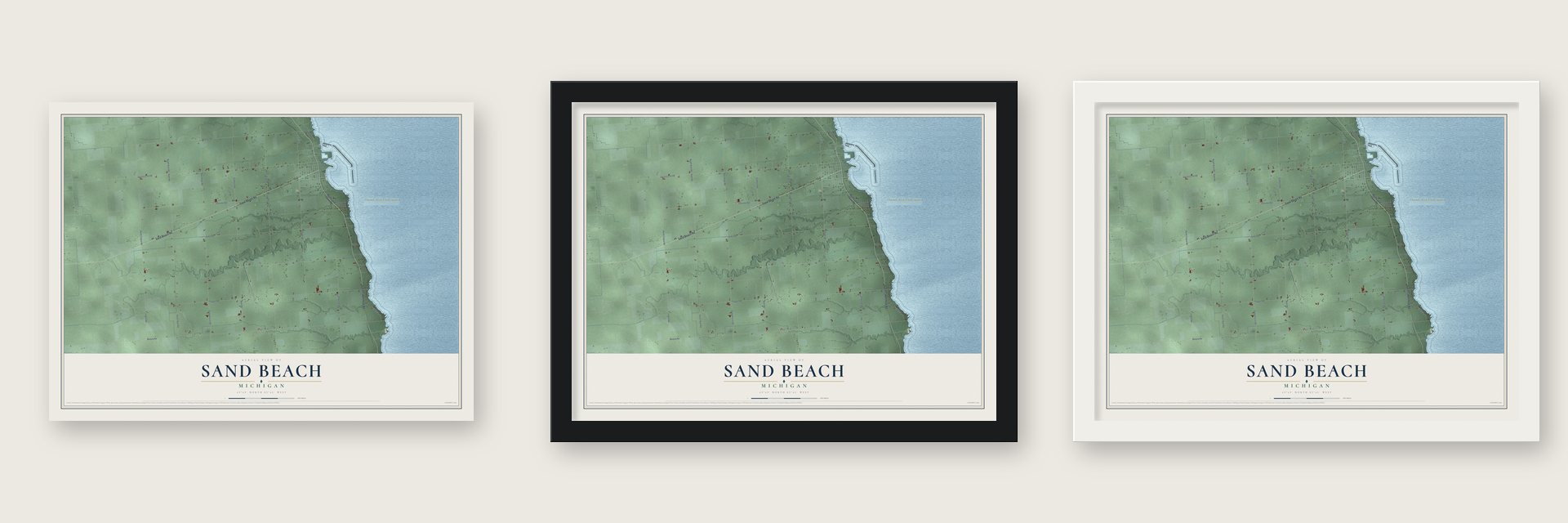 Sand Beach, Michigan map unframed, in a black wood frame and in a white wood frame