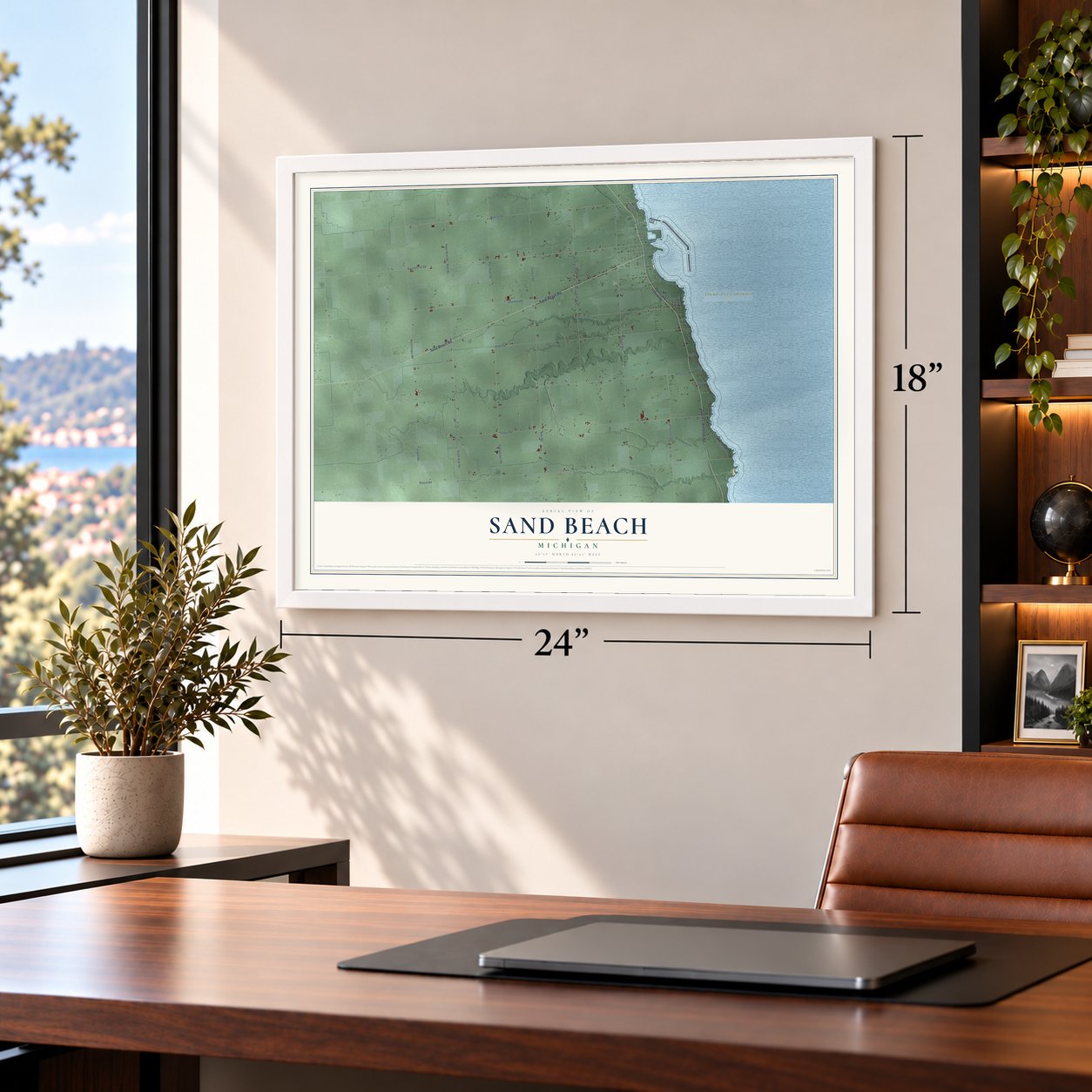 Sand Beach, Michigan map, 18 x 24 inch print in a white frame in a home office