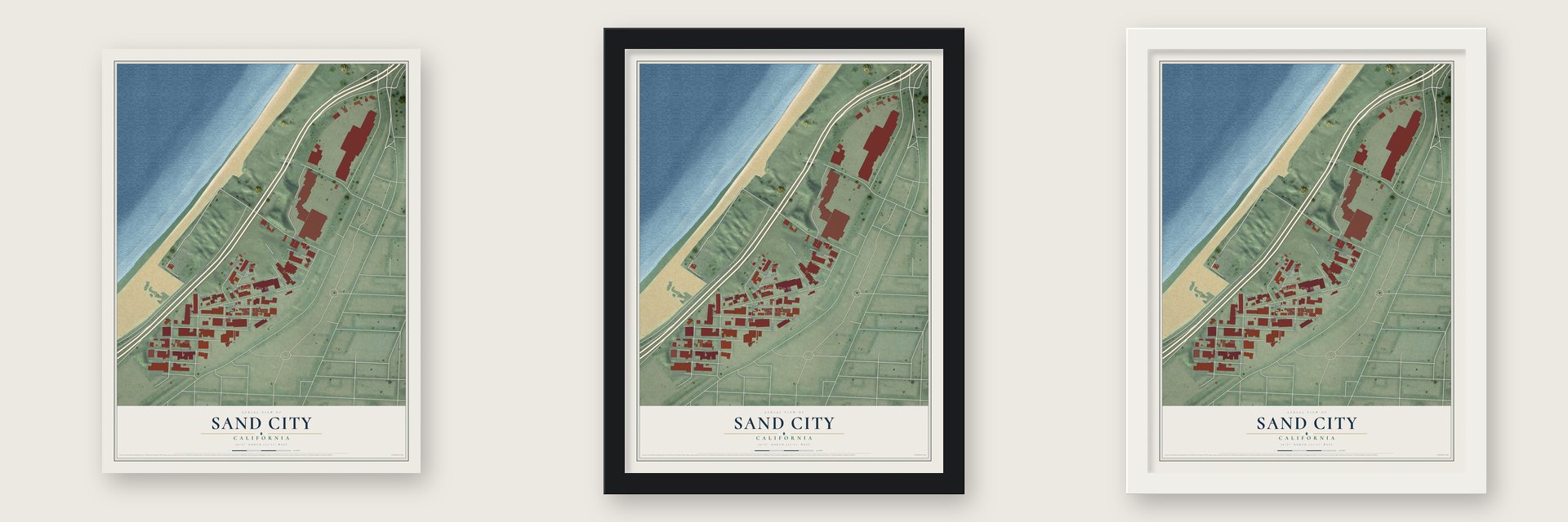 Sand City, California map unframed, in a black wood frame and in a white wood frame