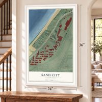 Sand City, California map, 24 x 36 inch print in a white frame by a staircase