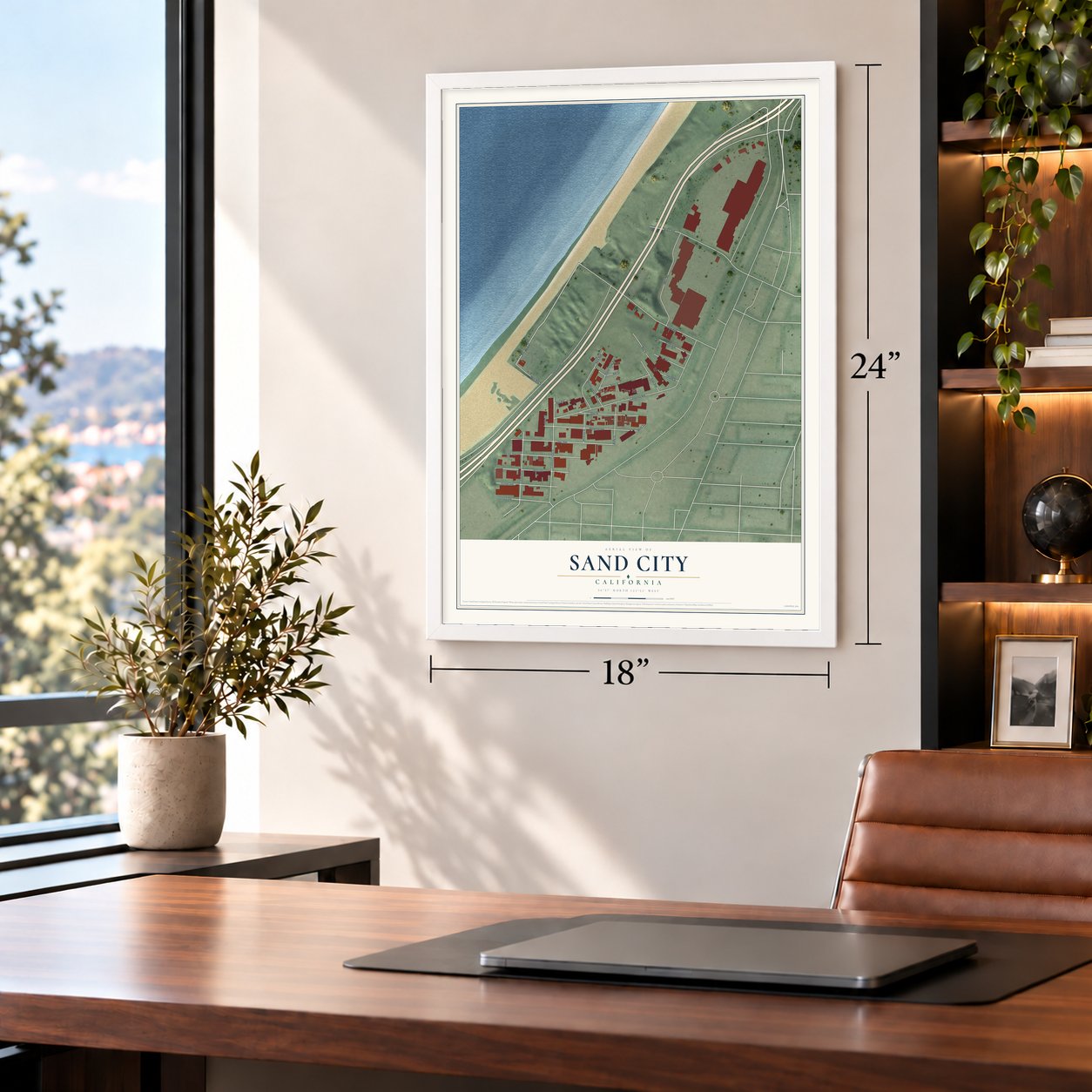 Sand City, California map, 18 x 24 inch print in a white frame in a home office
