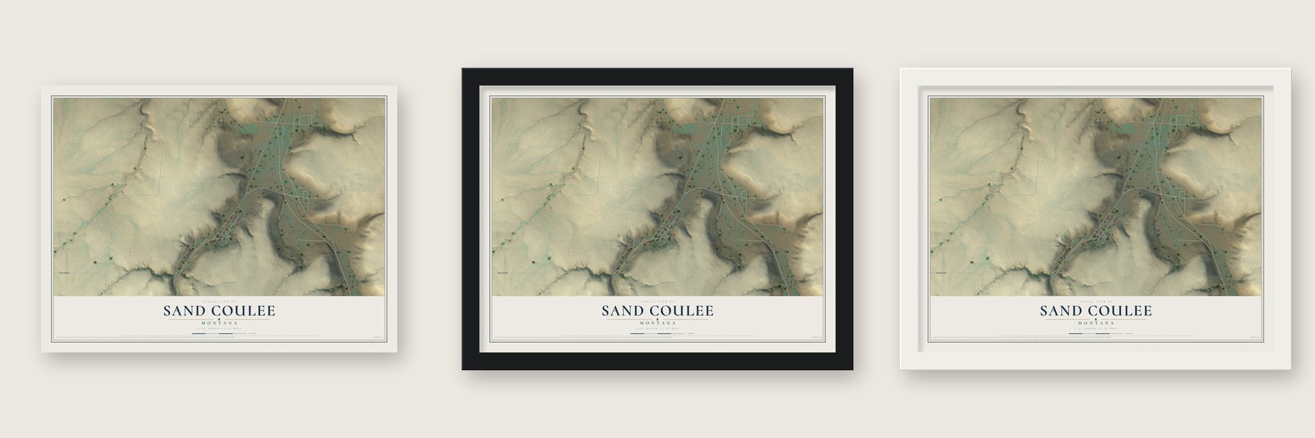 Sand Coulee, Montana map unframed, in a black wood frame and in a white wood frame
