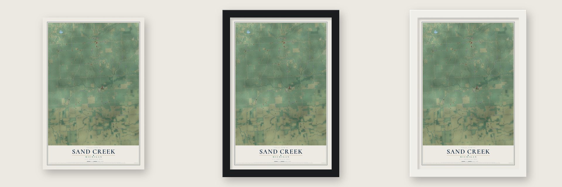 Sand Creek, Michigan map unframed, in a black wood frame and in a white wood frame