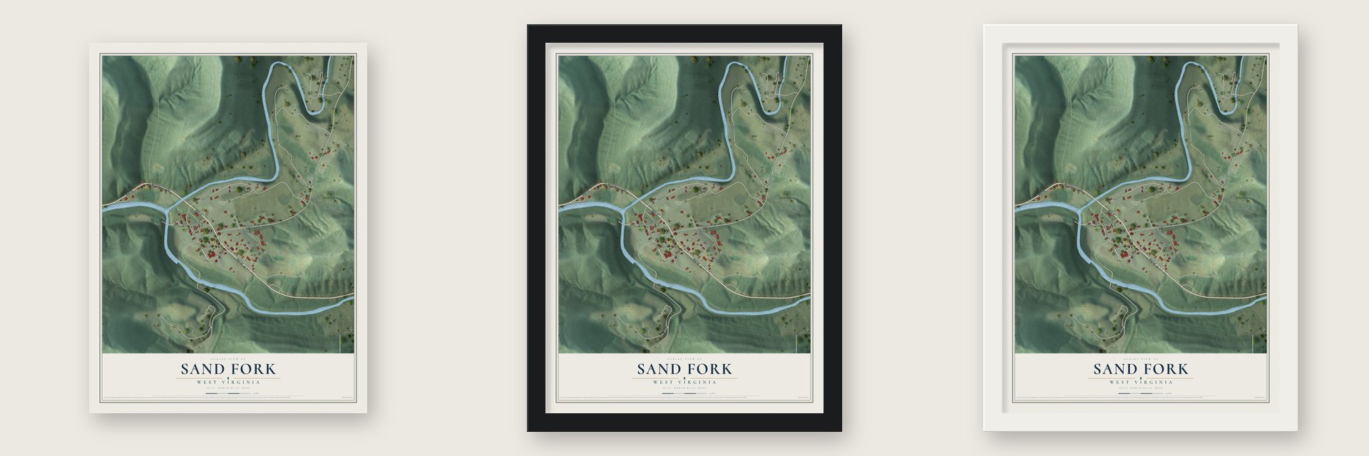 Sand Fork, West Virginia map unframed, in a black wood frame and in a white wood frame