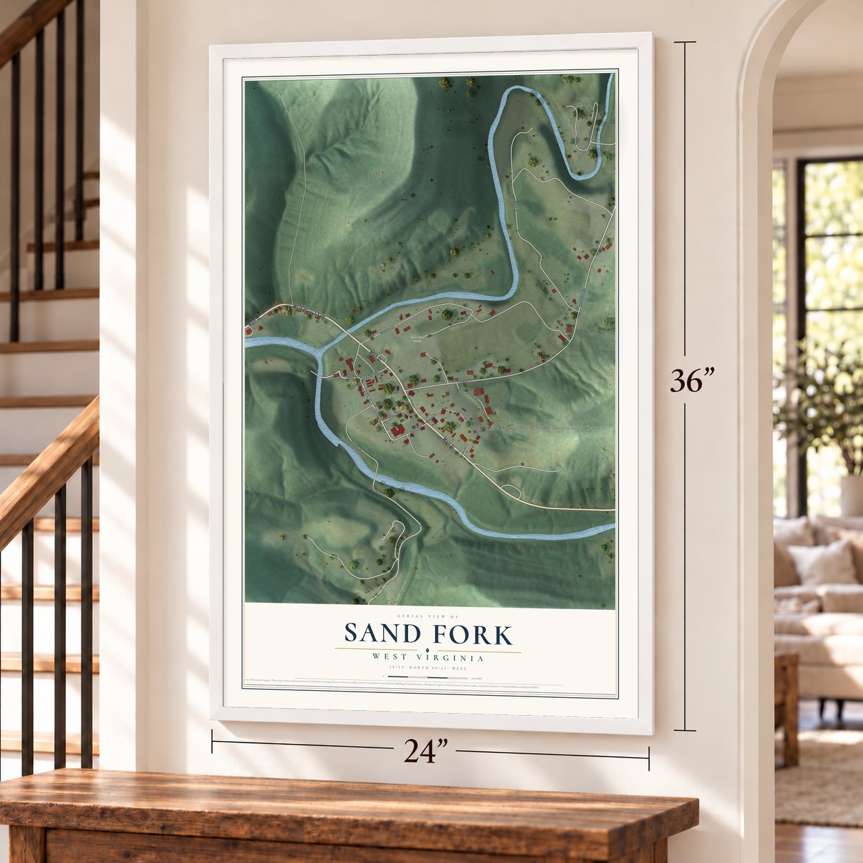 Sand Fork, West Virginia map, 24 x 36 inch print in a white frame by a staircase