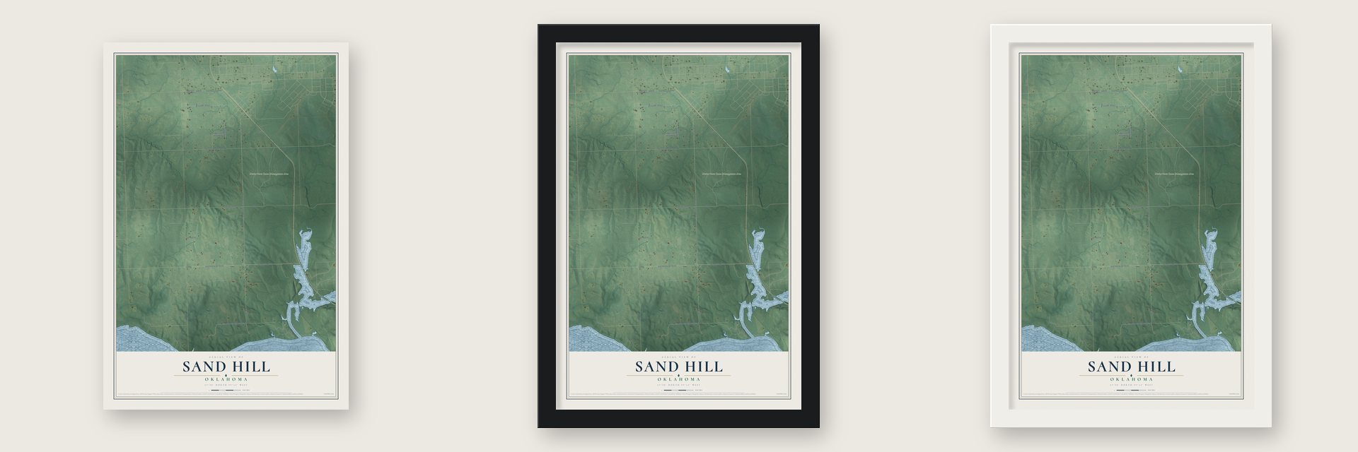 Sand Hill, Oklahoma map unframed, in a black wood frame and in a white wood frame