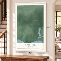 Sand Hill, Oklahoma map, 24 x 36 inch print in a white frame by a staircase