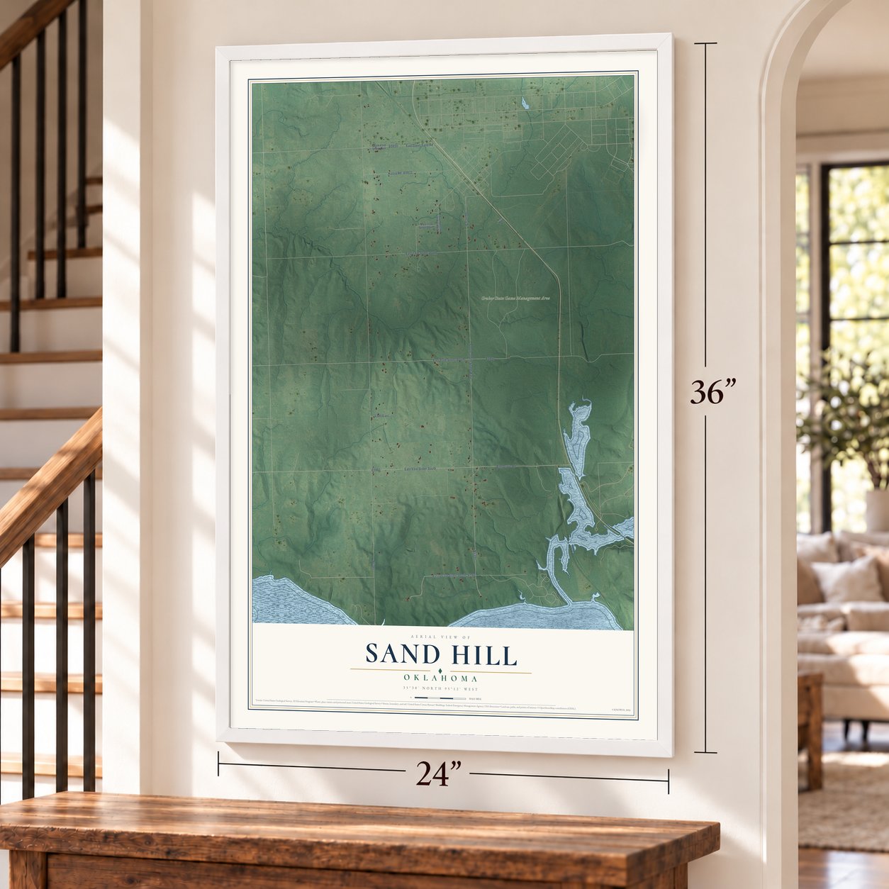 Sand Hill, Oklahoma map, 24 x 36 inch print in a white frame by a staircase