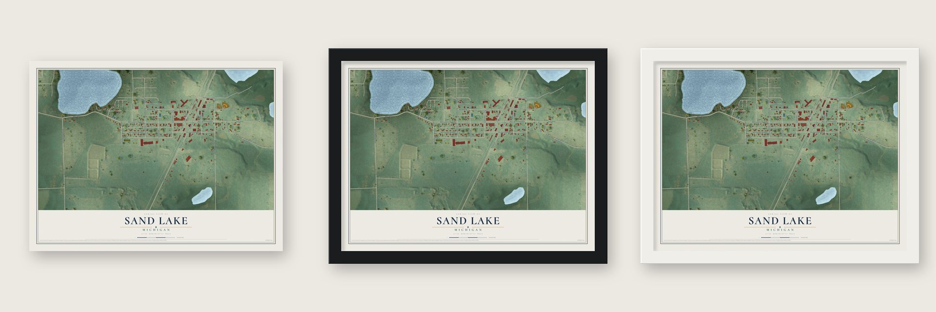 Sand Lake, Michigan map unframed, in a black wood frame and in a white wood frame
