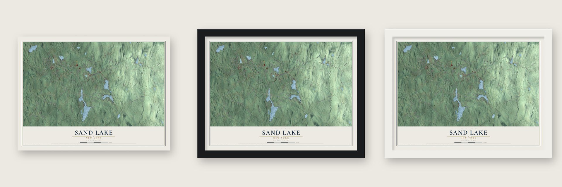 Sand Lake, New York map unframed, in a black wood frame and in a white wood frame