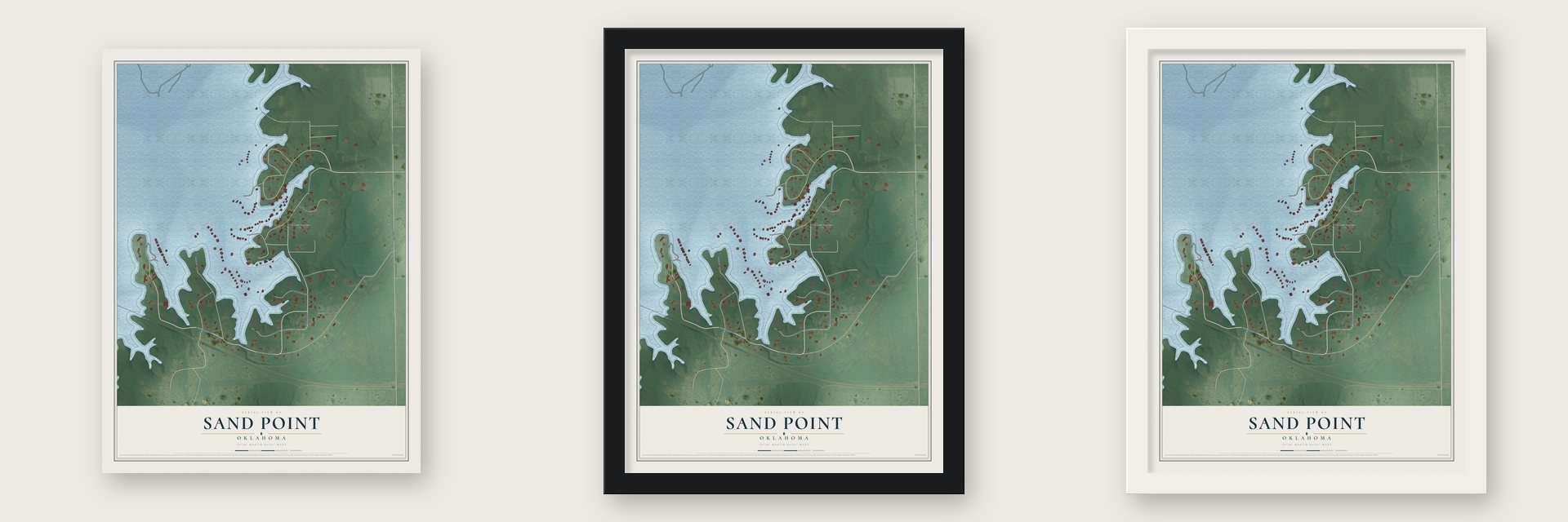 Sand Point, Oklahoma map unframed, in a black wood frame and in a white wood frame