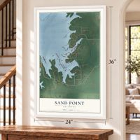 Sand Point, Oklahoma map, 24 x 36 inch print in a white frame by a staircase