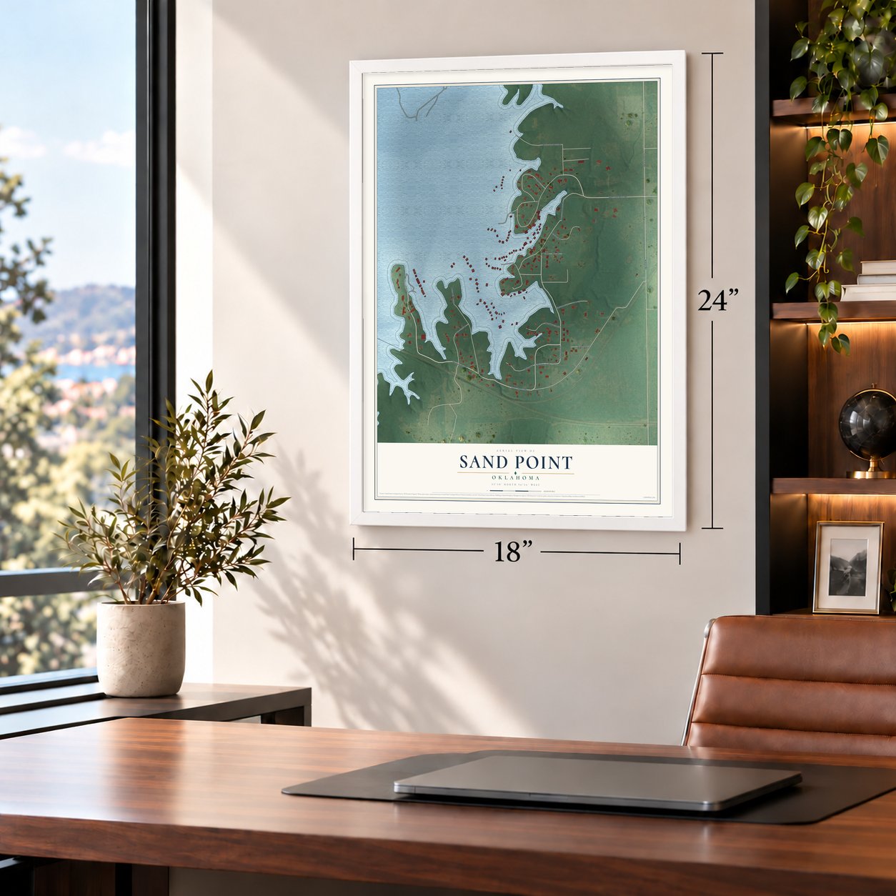 Sand Point, Oklahoma map, 18 x 24 inch print in a white frame in a home office
