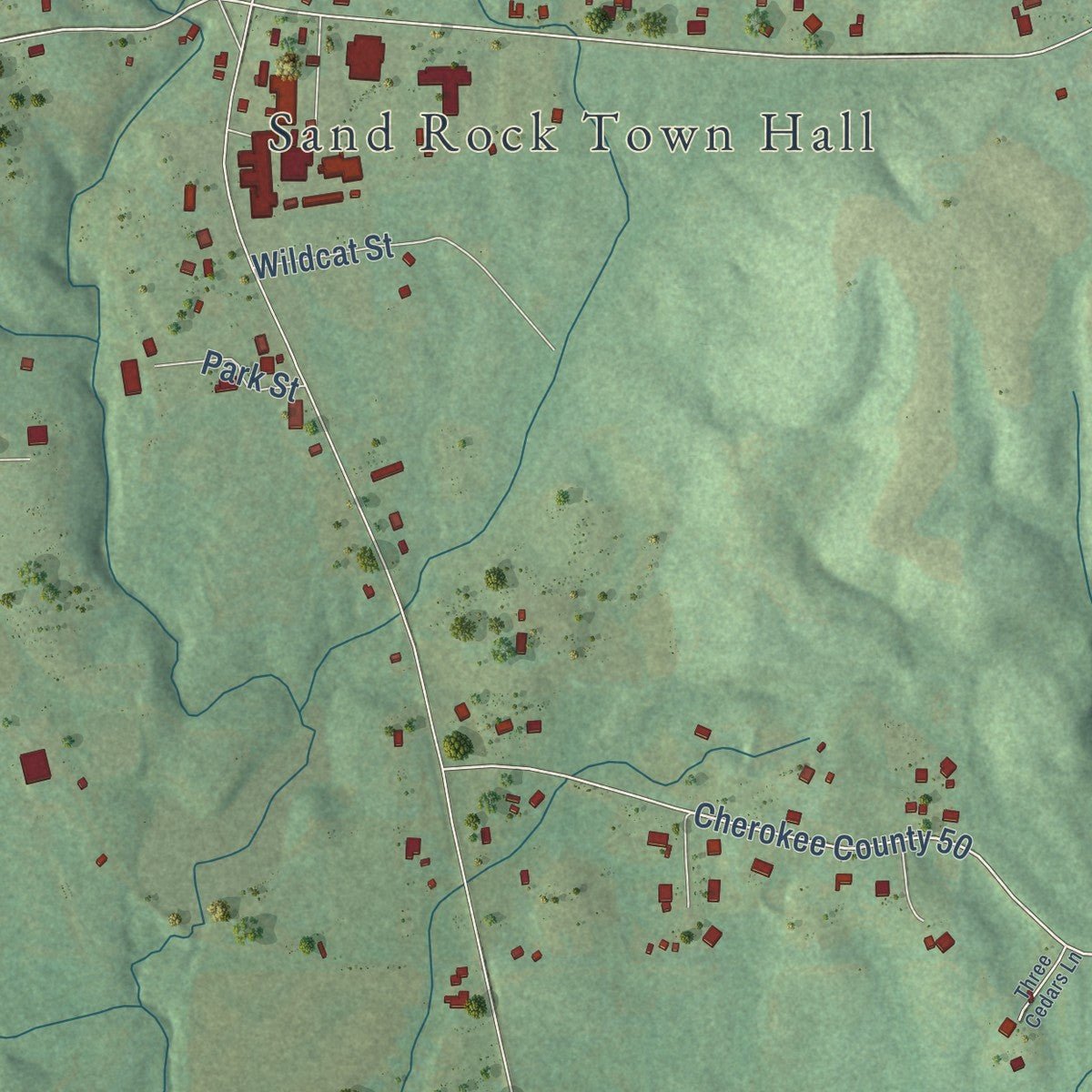 Second close-up of the map of Sand Rock, Alabama print showing more streets and buildings