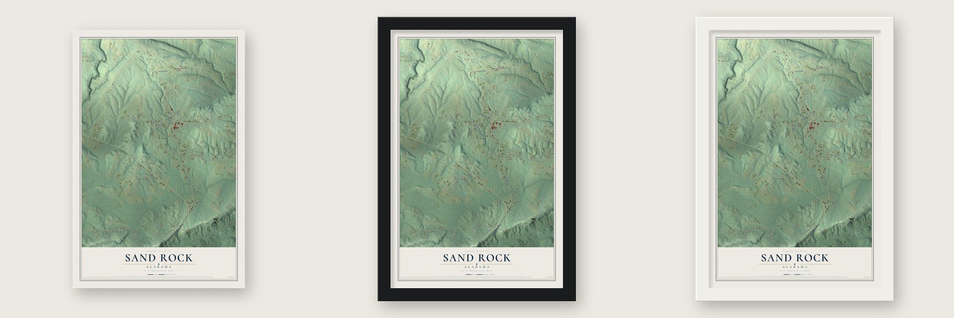 Sand Rock, Alabama map unframed, in a black wood frame and in a white wood frame
