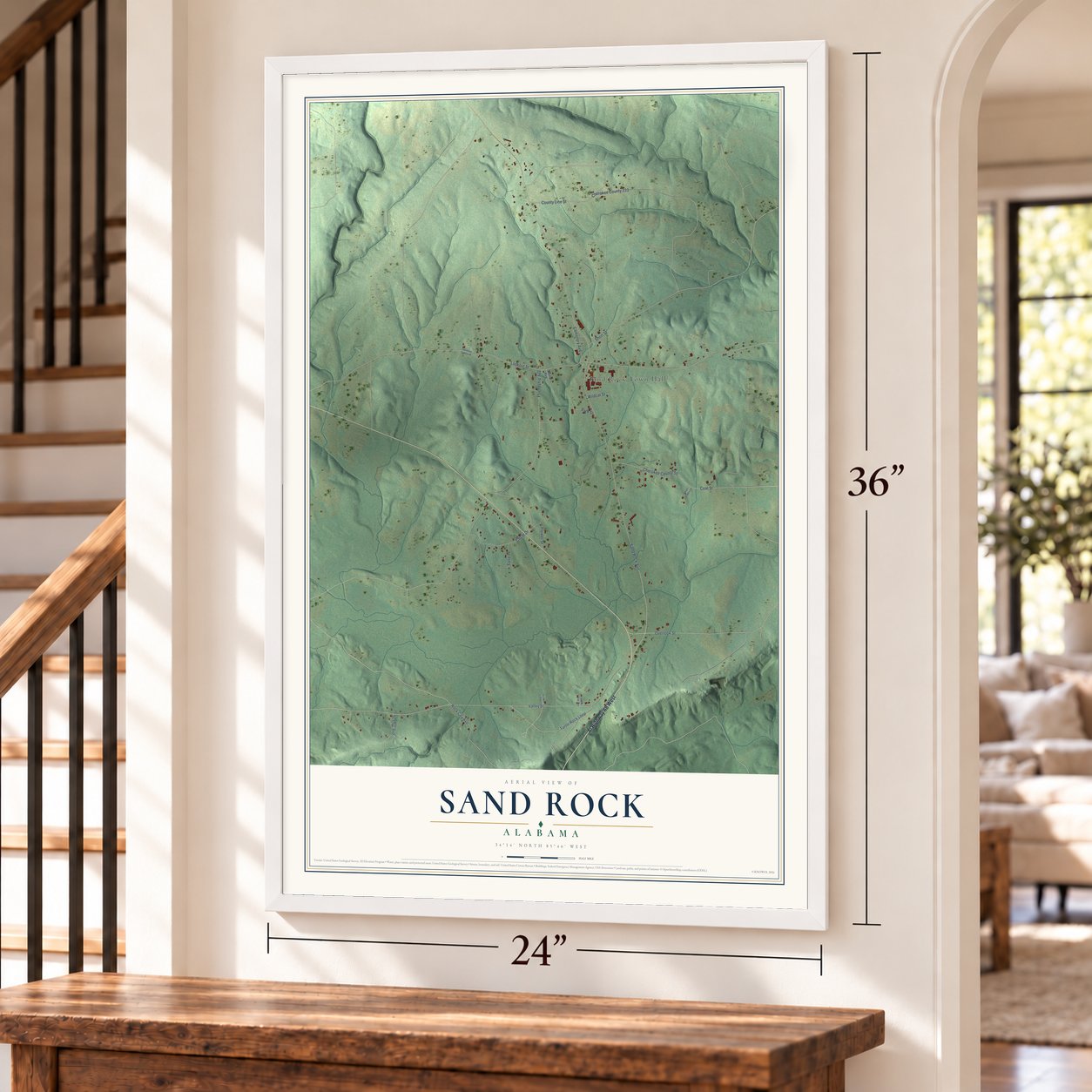 Sand Rock, Alabama map, 24 x 36 inch print in a white frame by a staircase