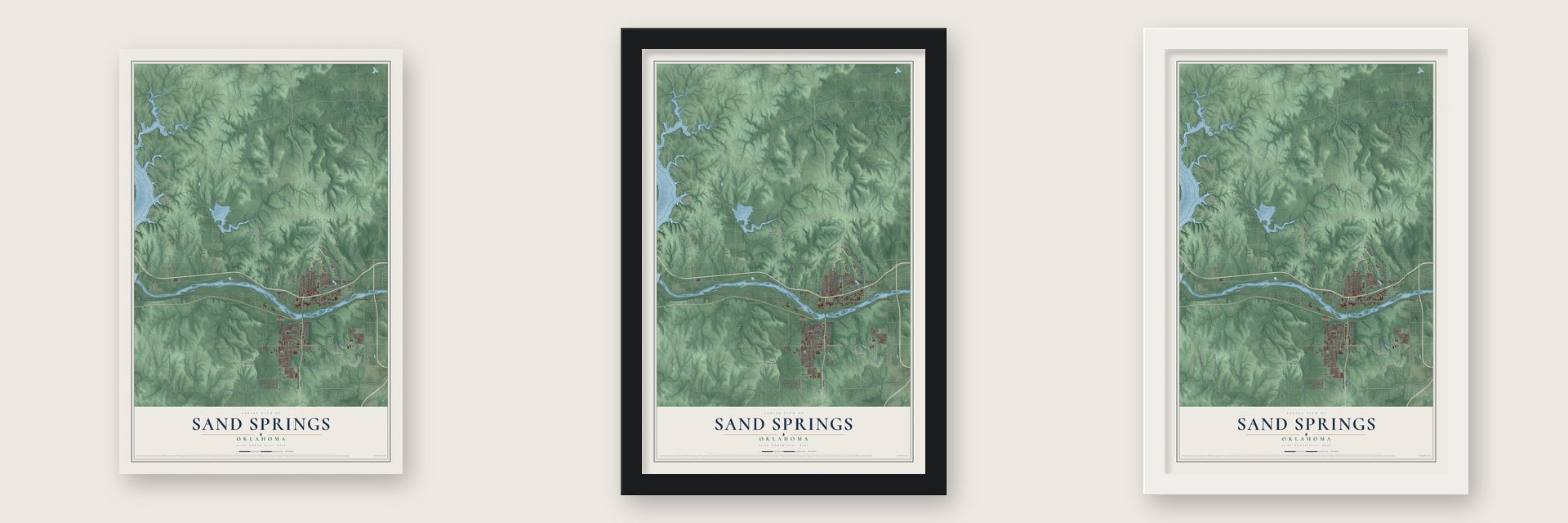 Sand Springs, Oklahoma map unframed, in a black wood frame and in a white wood frame