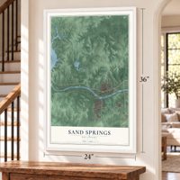 Sand Springs, Oklahoma map, 24 x 36 inch print in a white frame by a staircase