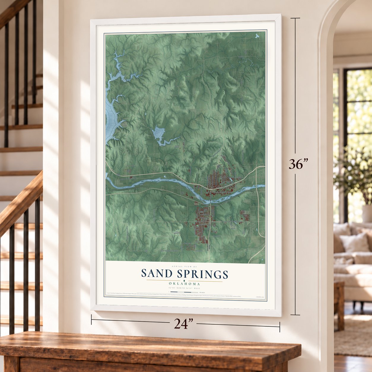Sand Springs, Oklahoma map, 24 x 36 inch print in a white frame by a staircase