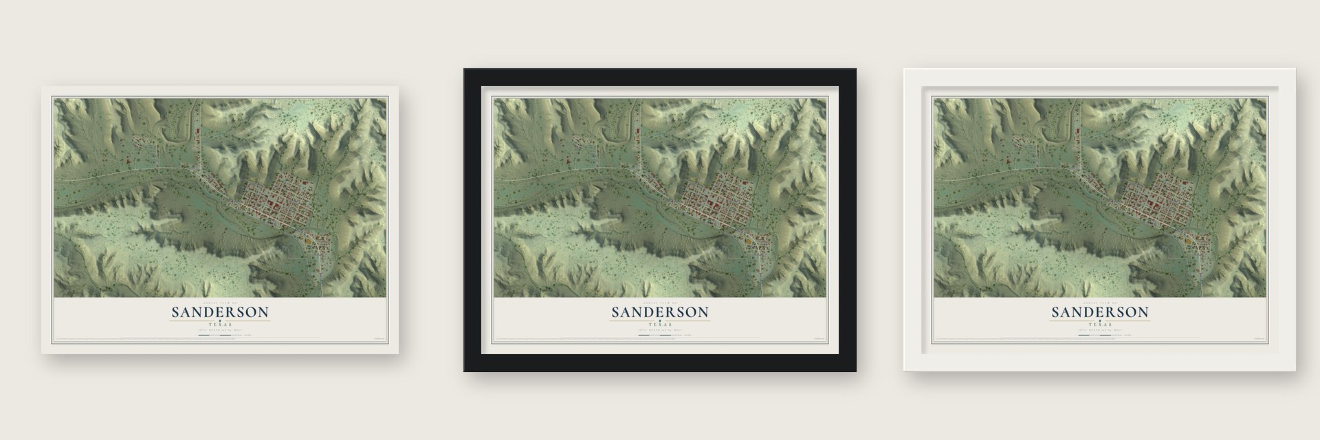 Sanderson, Texas map unframed, in a black wood frame and in a white wood frame