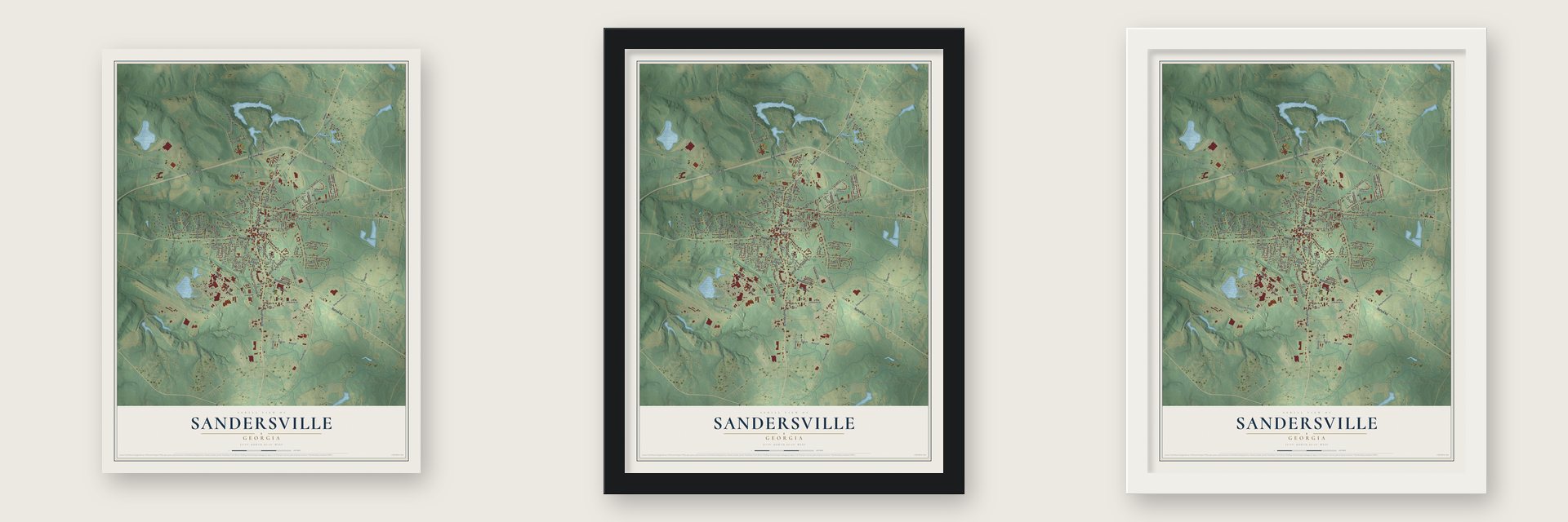 Sandersville, Georgia map unframed, in a black wood frame and in a white wood frame