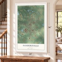Sandersville, Georgia map, 24 x 36 inch print in a white frame by a staircase
