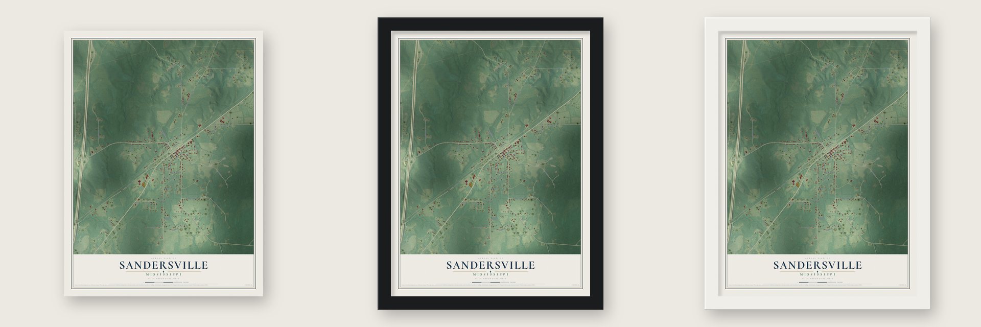 Sandersville, Mississippi map unframed, in a black wood frame and in a white wood frame