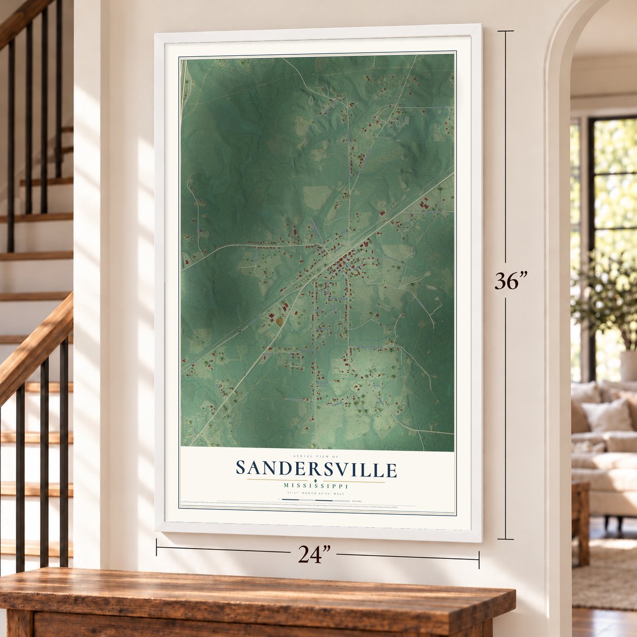 Sandersville, Mississippi map, 24 x 36 inch print in a white frame by a staircase
