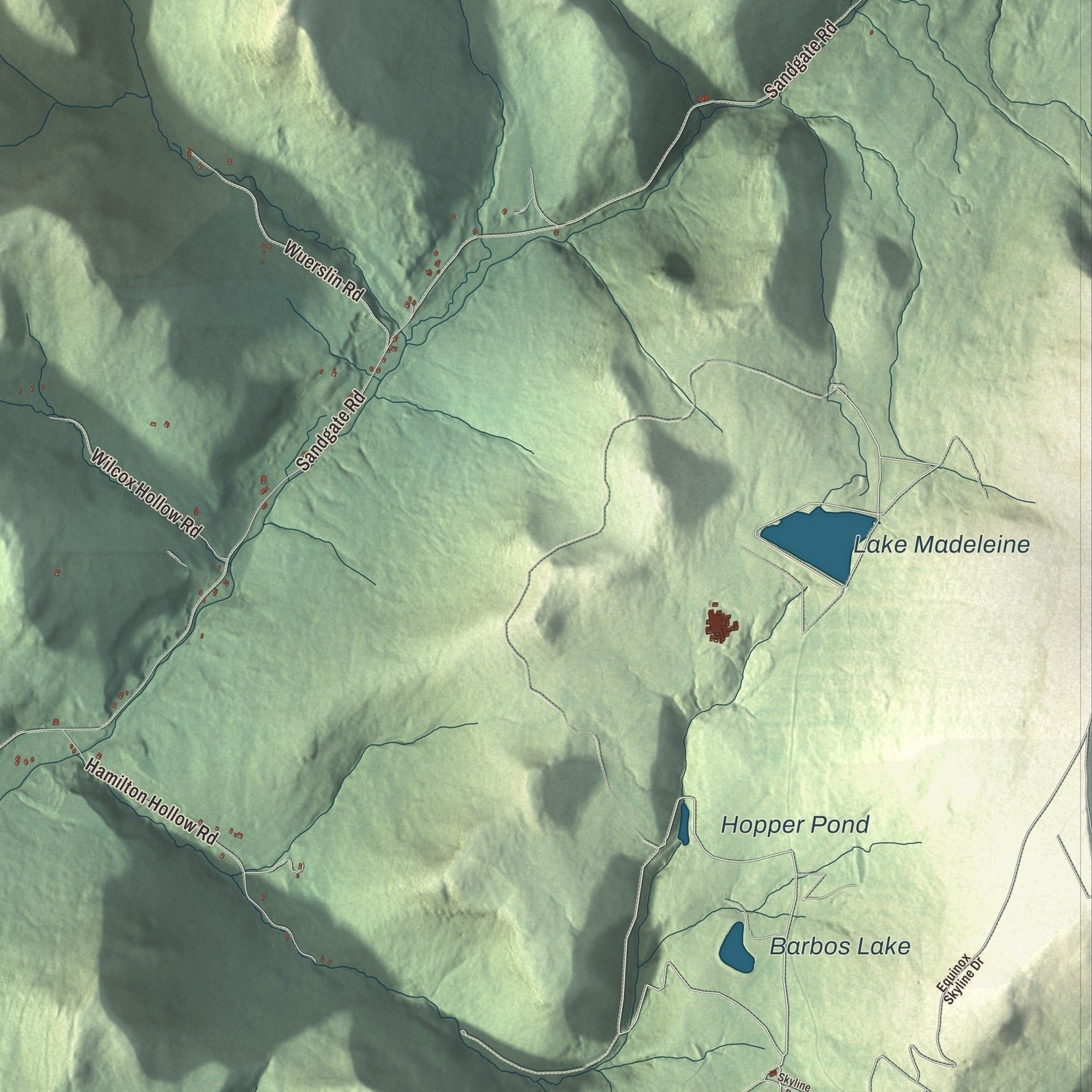 Close-up of the map of Sandgate, Vermont print showing terrain and local geography