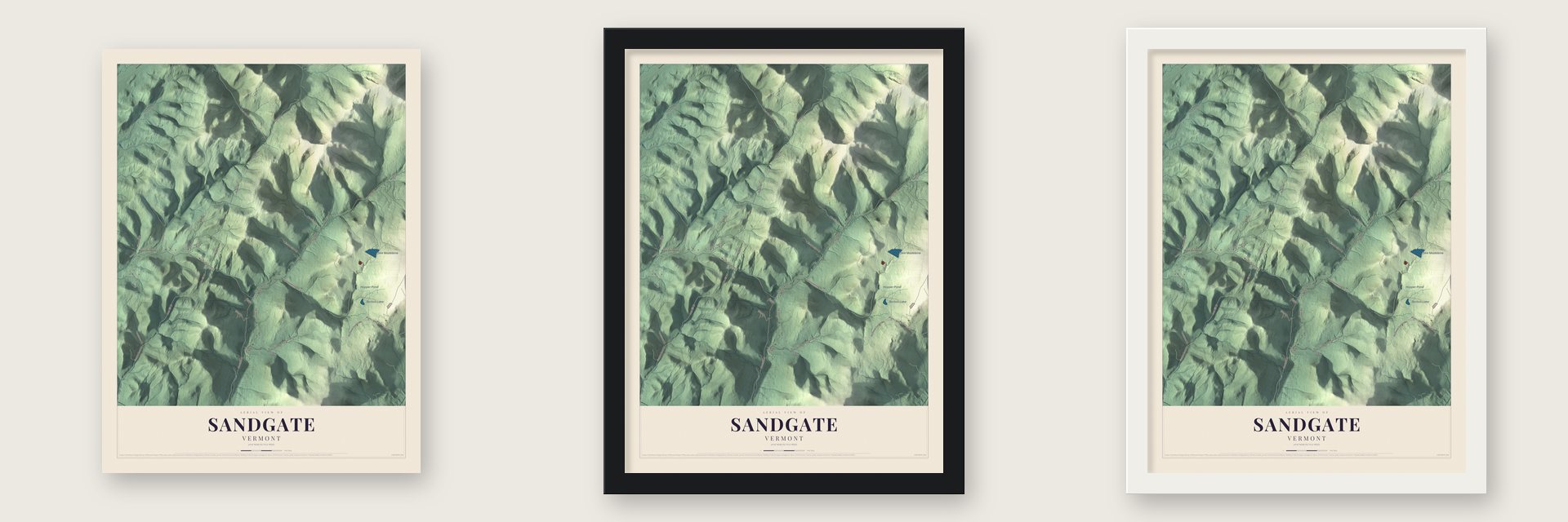 Sandgate, Vermont map unframed, in a black wood frame and in a white wood frame