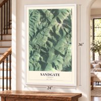 Sandgate, Vermont map, 24 x 36 inch print in a white frame by a staircase
