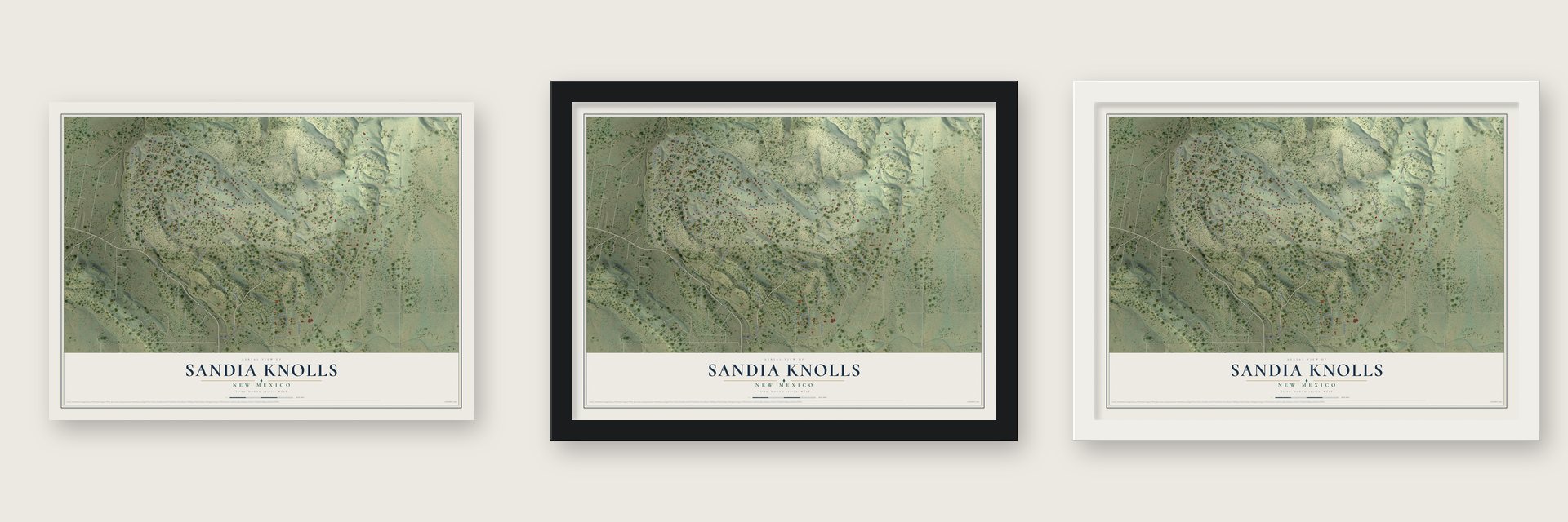 Sandia Knolls, New Mexico map unframed, in a black wood frame and in a white wood frame