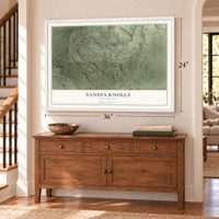Sandia Knolls, New Mexico map, 24 x 36 inch print in a white frame above a dresser by a staircase