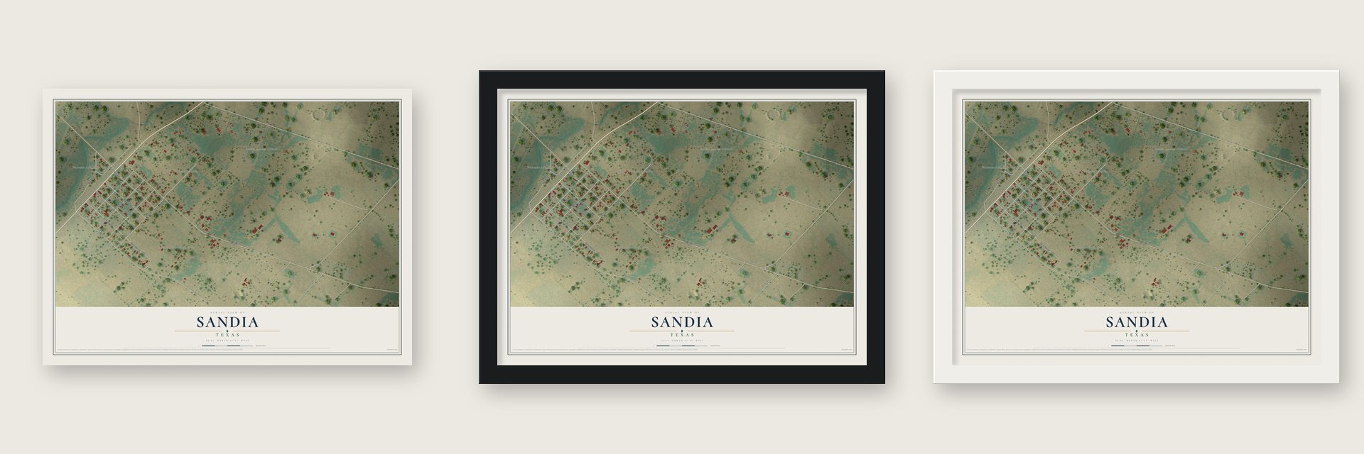 Sandia, Texas map unframed, in a black wood frame and in a white wood frame