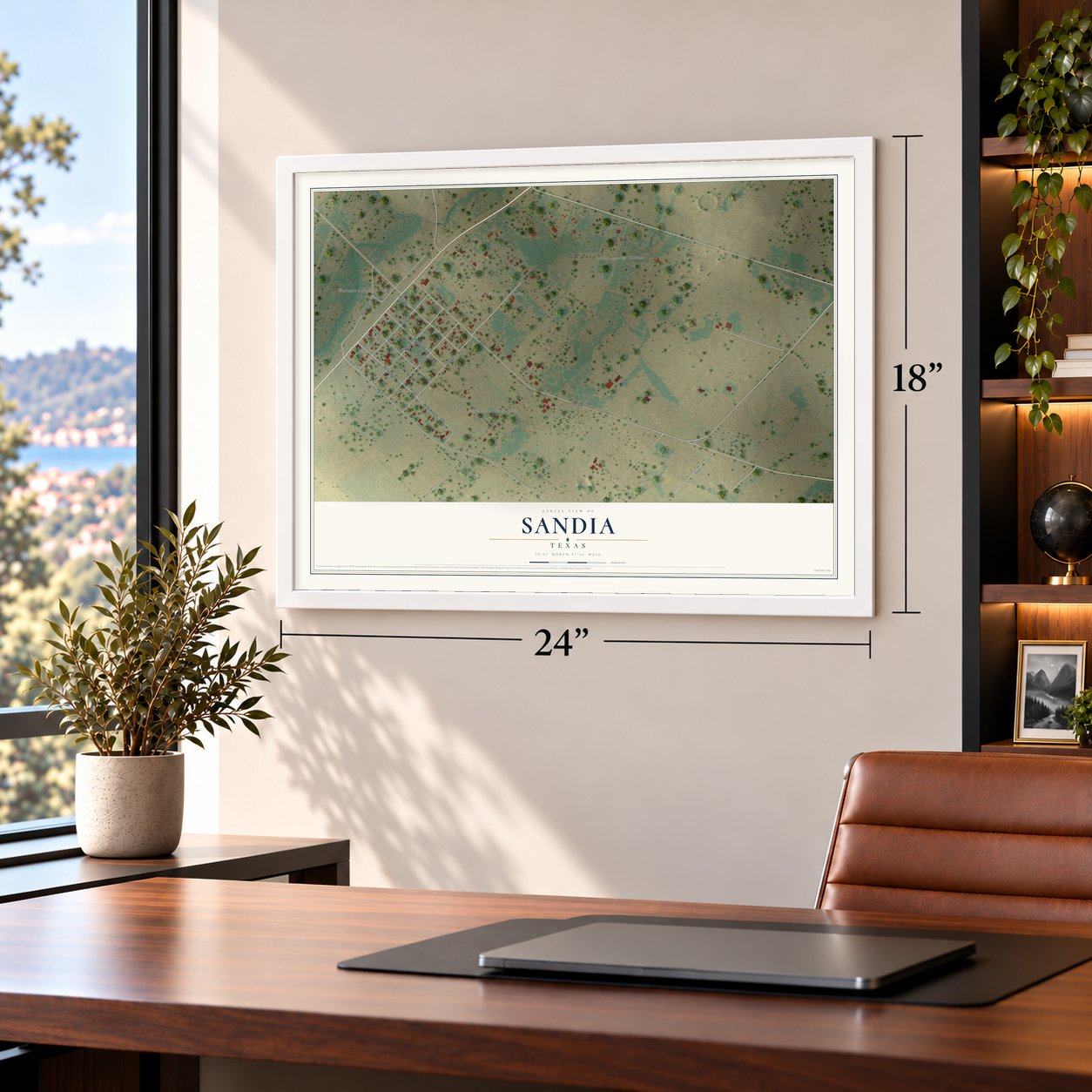 Sandia, Texas map, 18 x 24 inch print in a white frame in a home office