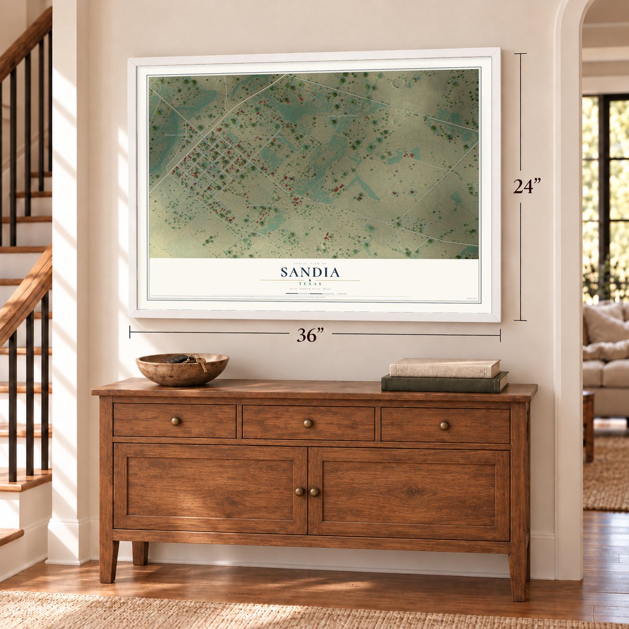 Sandia, Texas map, 24 x 36 inch print in a white frame above a dresser by a staircase