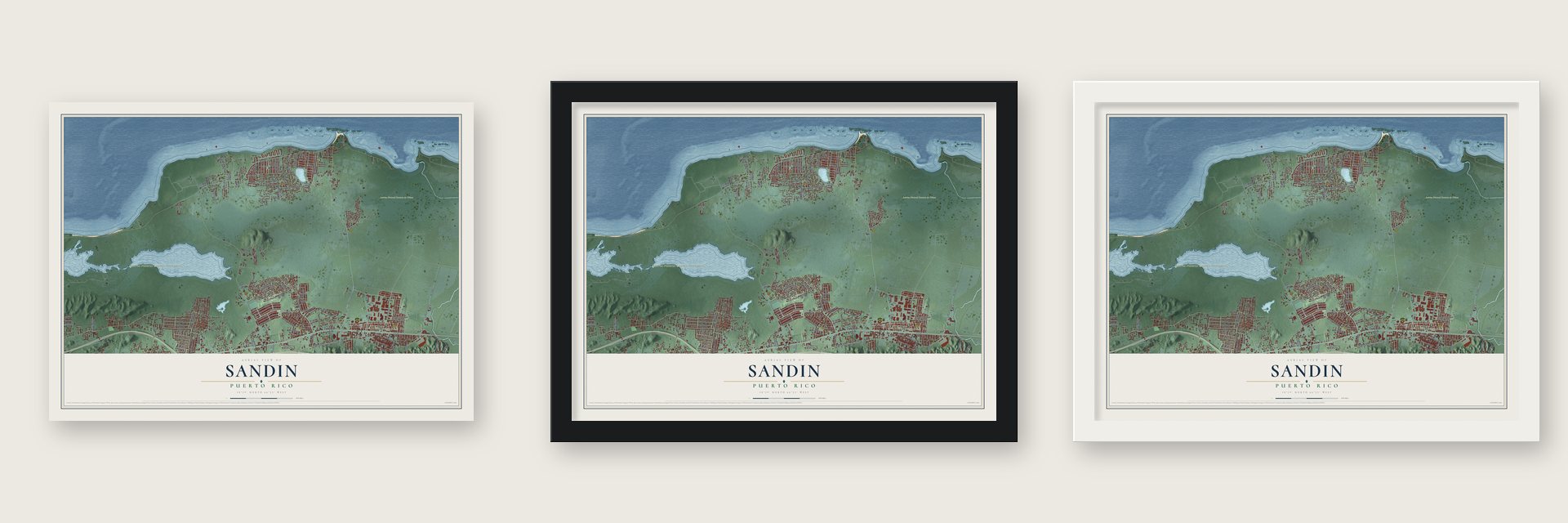 Sandin, Puerto Rico map unframed, in a black wood frame and in a white wood frame